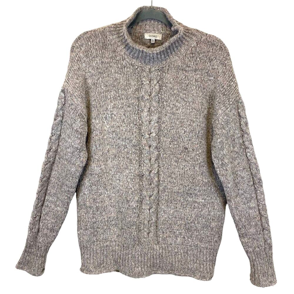 New Oceanus Mock Neck Cable Knit Sweater Gray/Pink Marled Soft Cozy